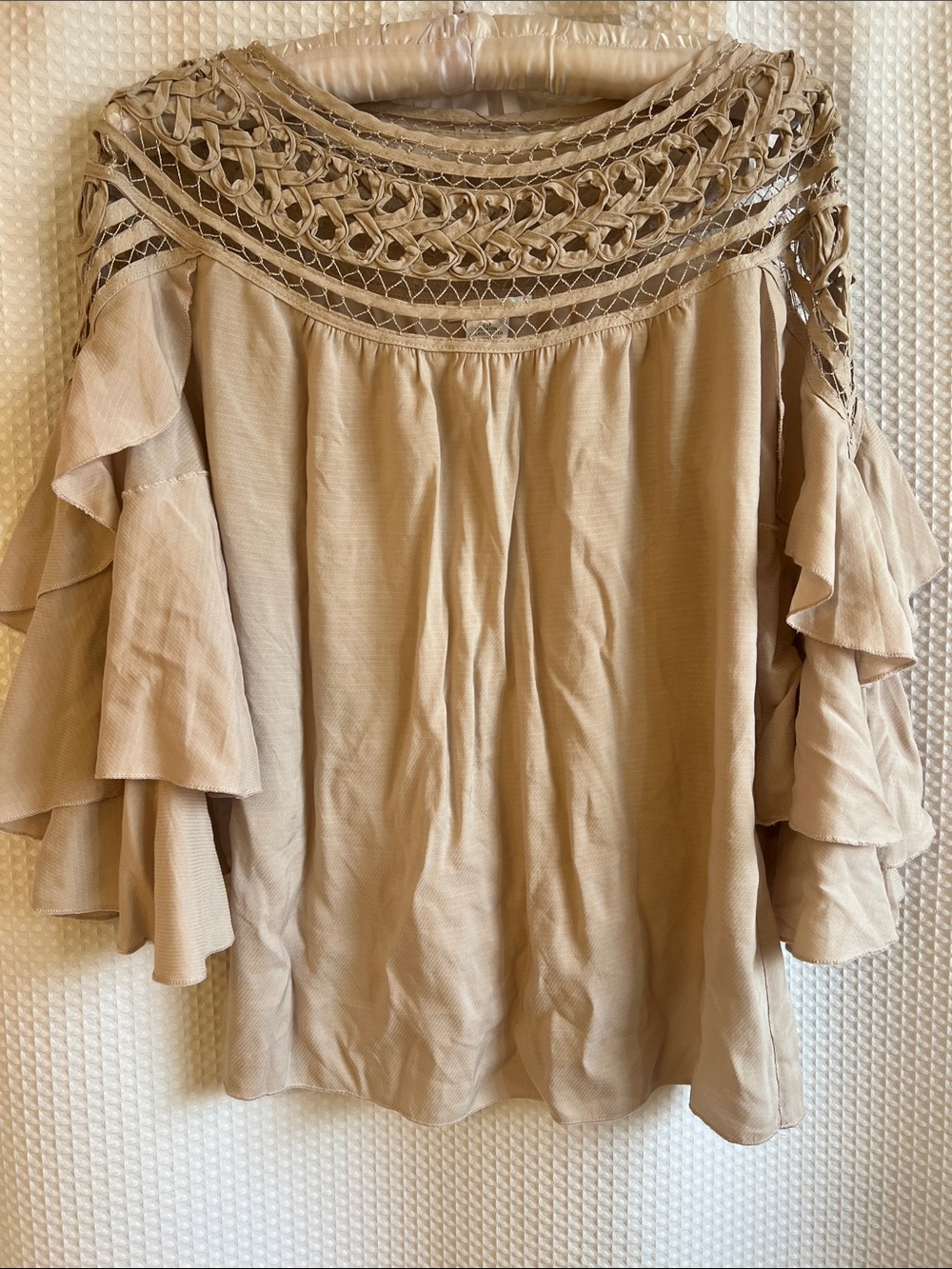 Women's Crochet Yoke Ruffle Sleeve Top - Beige—626-062